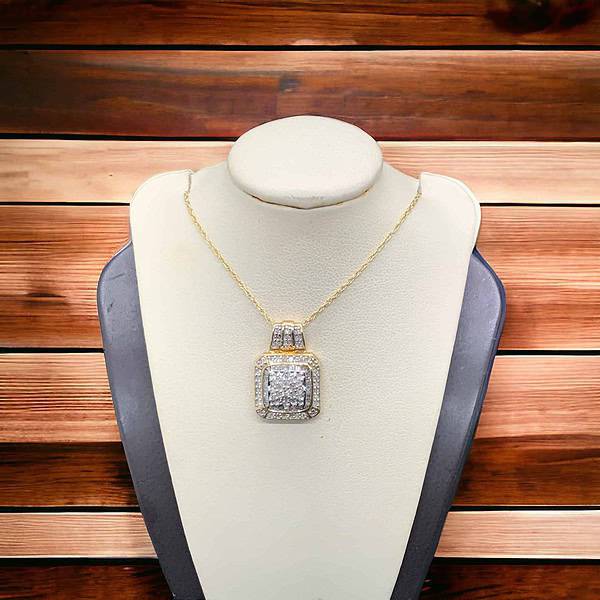 Yellow Gold Diamond Necklace with Square Pendant - Baguettes and Rounds