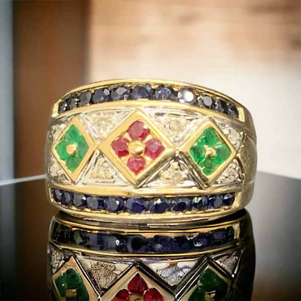 14kt Yellow Gold Emerald, Ruby, and Sapphire Jewelry Piece Emerald Platinum Jewelers MS