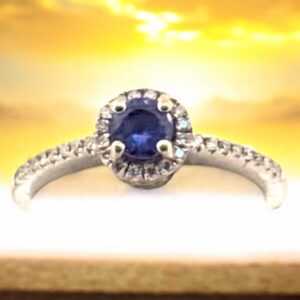 14kt White Gold Halo Ring with Tanzanite and Diamond Rounds Halo Platinum Jewelers MS