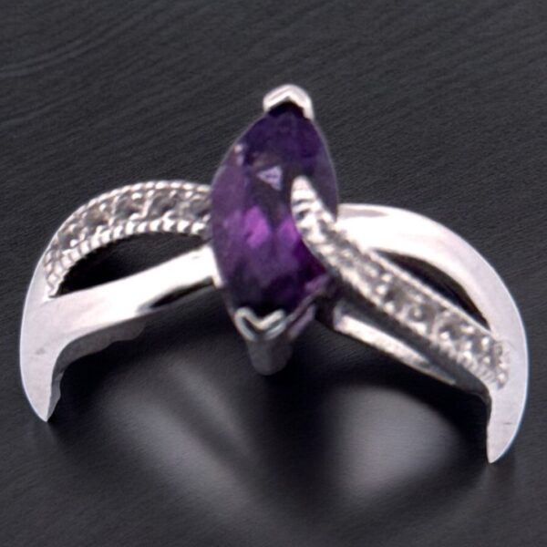 Marquise Amethyst Center Stone with White Topaz Accents on Sterling Silver Ring