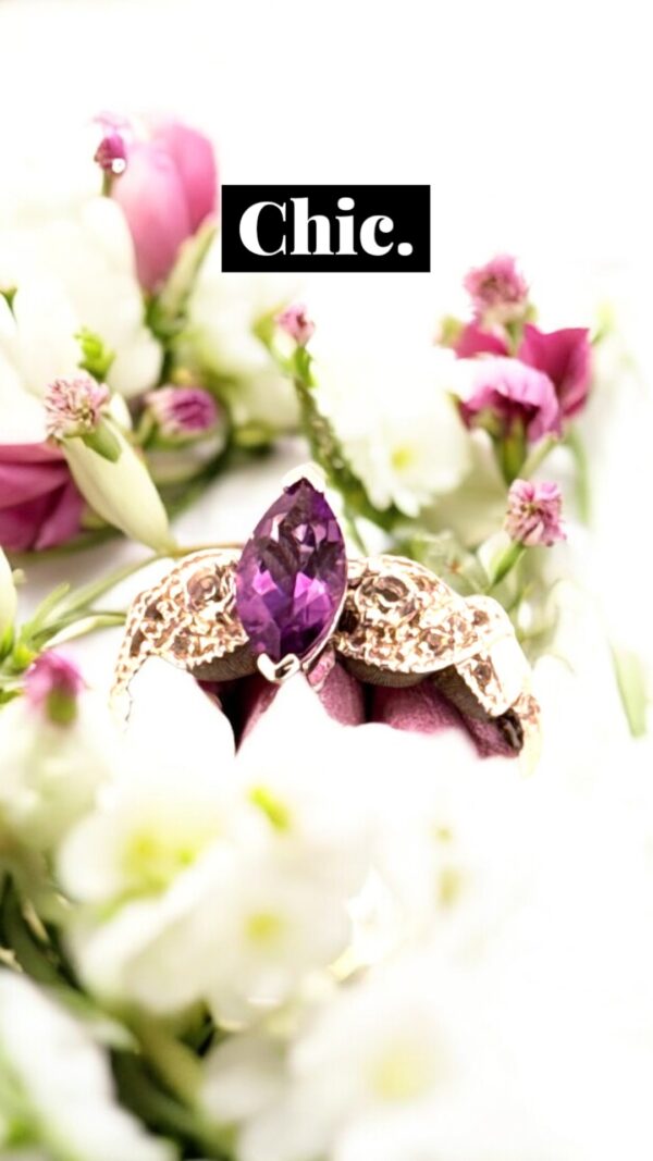 Sterling Silver Ring, Marquise Cut Amethyst with White Topaz Accents - Image 3