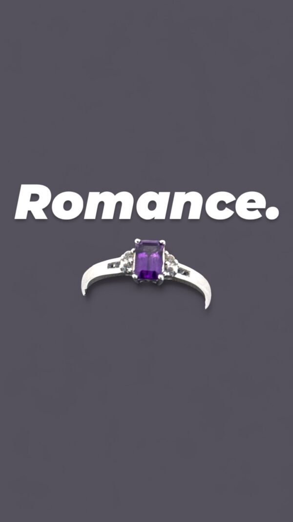 Emerald Cut Amethyst Center Stone with White Topaz Accents Sterling Silver Ring - Image 3