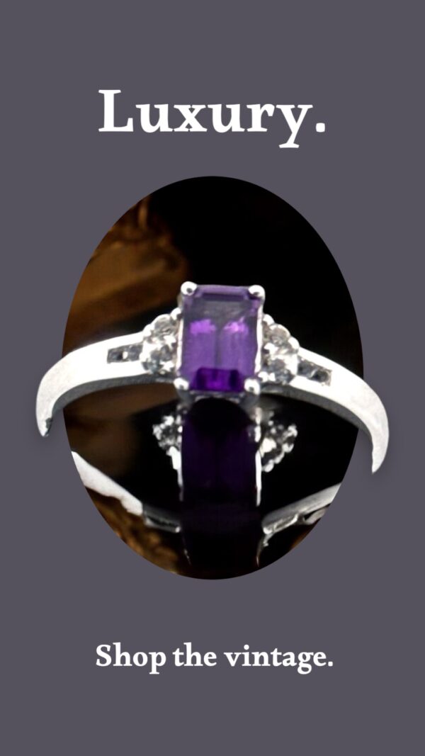 Emerald Cut Amethyst Center Stone with White Topaz Accents Sterling Silver Ring - Image 4