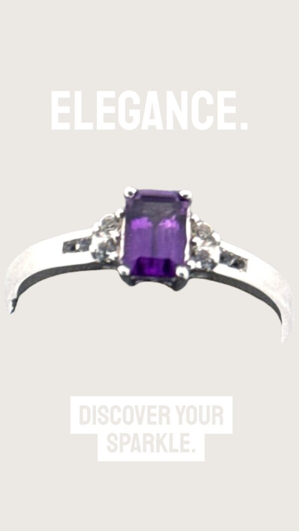 Emerald Cut Amethyst Center Stone with White Topaz Accents Sterling Silver Ring - Image 5
