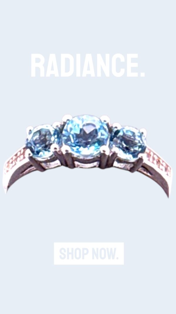 0.67 Carat Round Swiss Blue Topaz with White Topaz Accent 3 Stone Sterling Silver Ring - Image 2