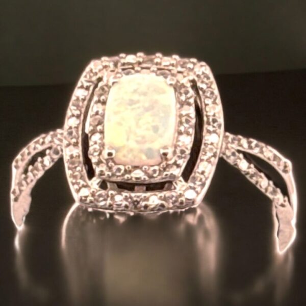 Opal Center Stone with White Zircon Halo Design in Sterling Silver - Image 3