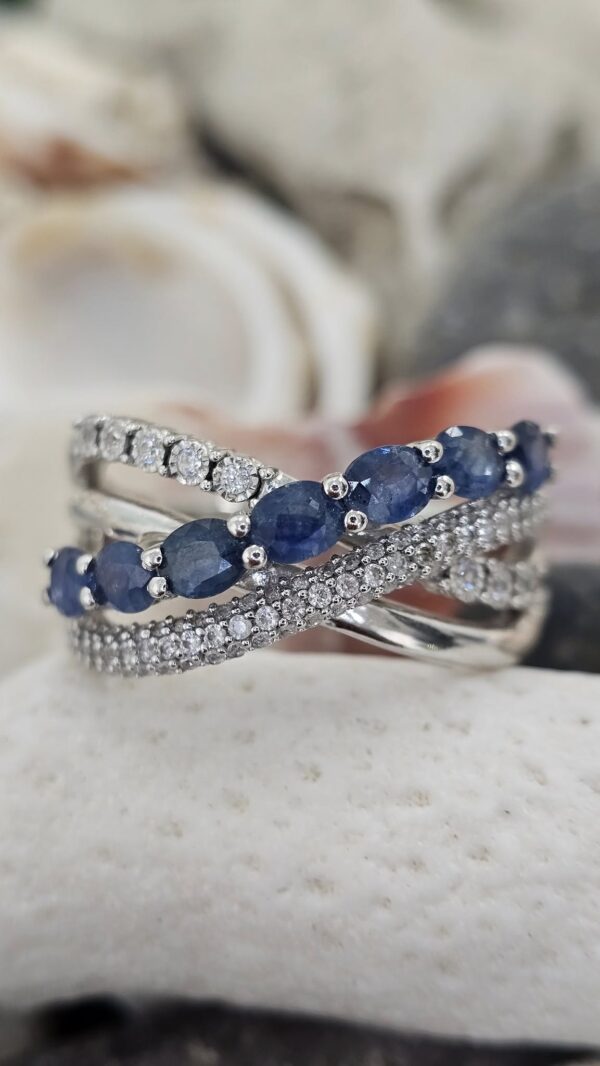 Oval Sapphire and White Zircon Sterling Silver Ring