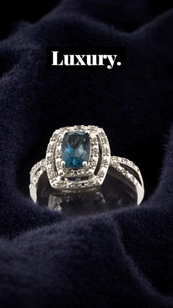 London Blue Topaz Center Stone with White Zircon Halo Design in Sterling Silver - Image 3