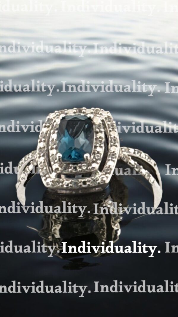 London Blue Topaz Center Stone with White Zircon Halo Design in Sterling Silver - Image 2