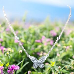 Diamond Butterfly Necklace in Sterling Silver with Pave Set Detail Lab Diamond Platinum Jewelers MS