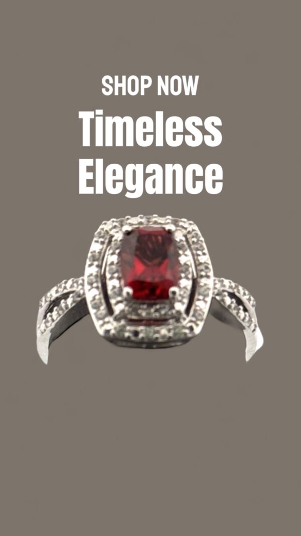 Garnet Center Stone with White Zircon Halo Design in Sterling Silver - Image 3