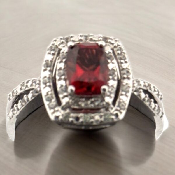 Garnet Center Stone with White Zircon Halo Design in Sterling Silver - Image 4