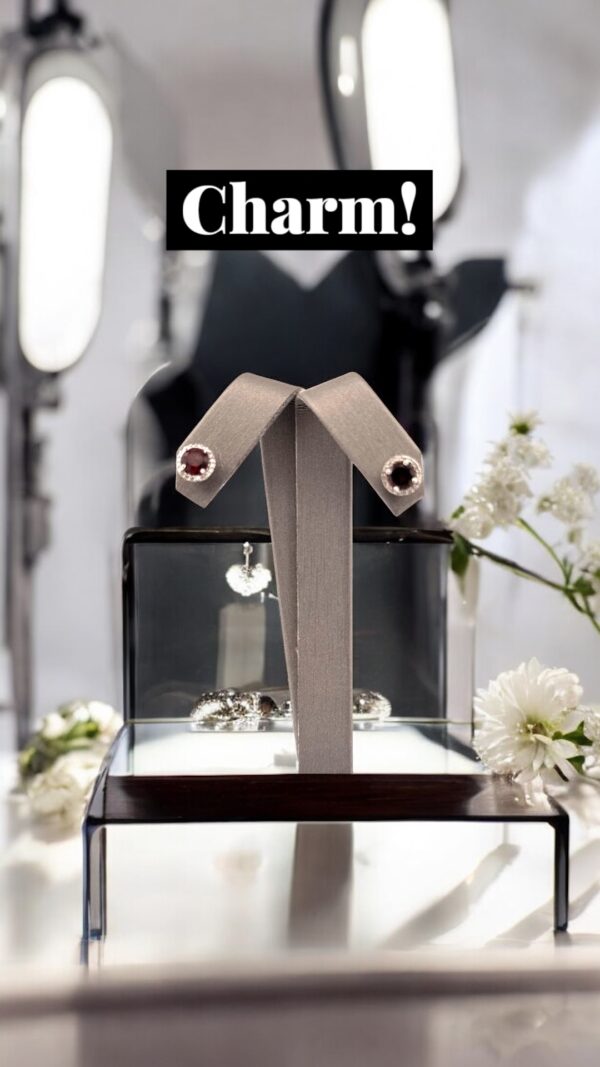 Round Garnet Center with Halo Design Studs - Image 3