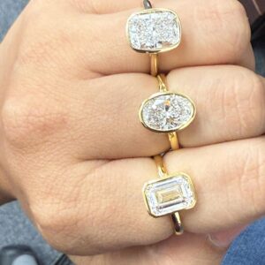 Elegant 14K Gold Wedding Ring with 3.09 Carat Emerald Cut Lab-Grown Diamond in Beautiful Bezel Setting Bridal Platinum Jewelers MS