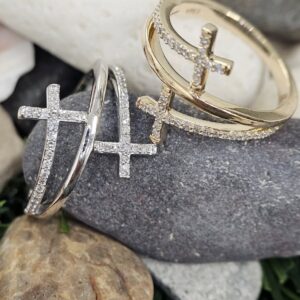 Diamond Embellished Double Cross Ring in 10kt White or Yellow Gold Cross Platinum Jewelers MS