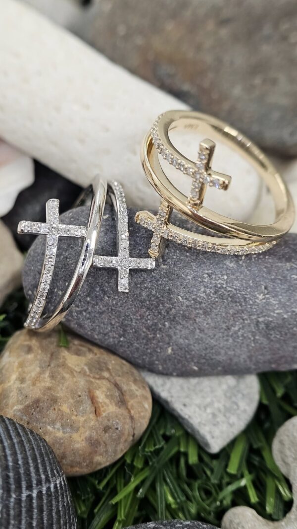Diamond Embellished Double Cross Ring in 10kt White or Yellow Gold - Image 2