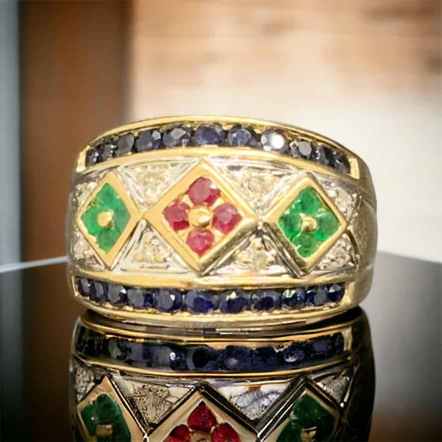 14kt Yellow Gold Emerald, Ruby, and Sapphire Jewelry Piece Emerald Platinum Jewelers MS 14kt Yellow Gold Emerald, Ruby, and Sapphire Jewelry Piece