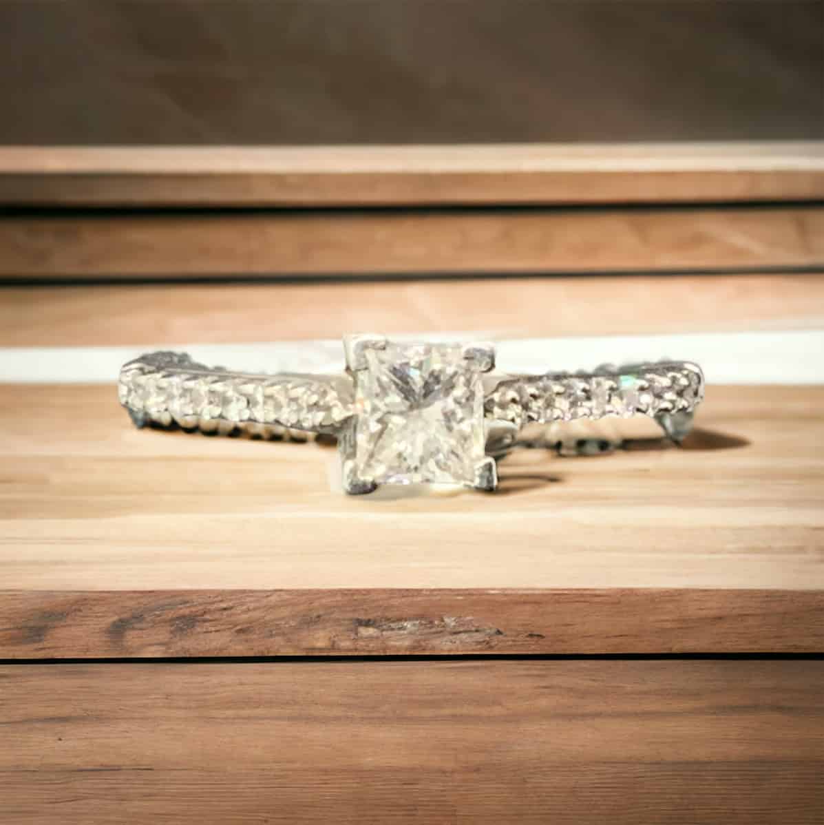 Bridal 14kt White Gold Princess Solitaire and Round Brilliant Diamond Ring Bridal Platinum Jewelers MS