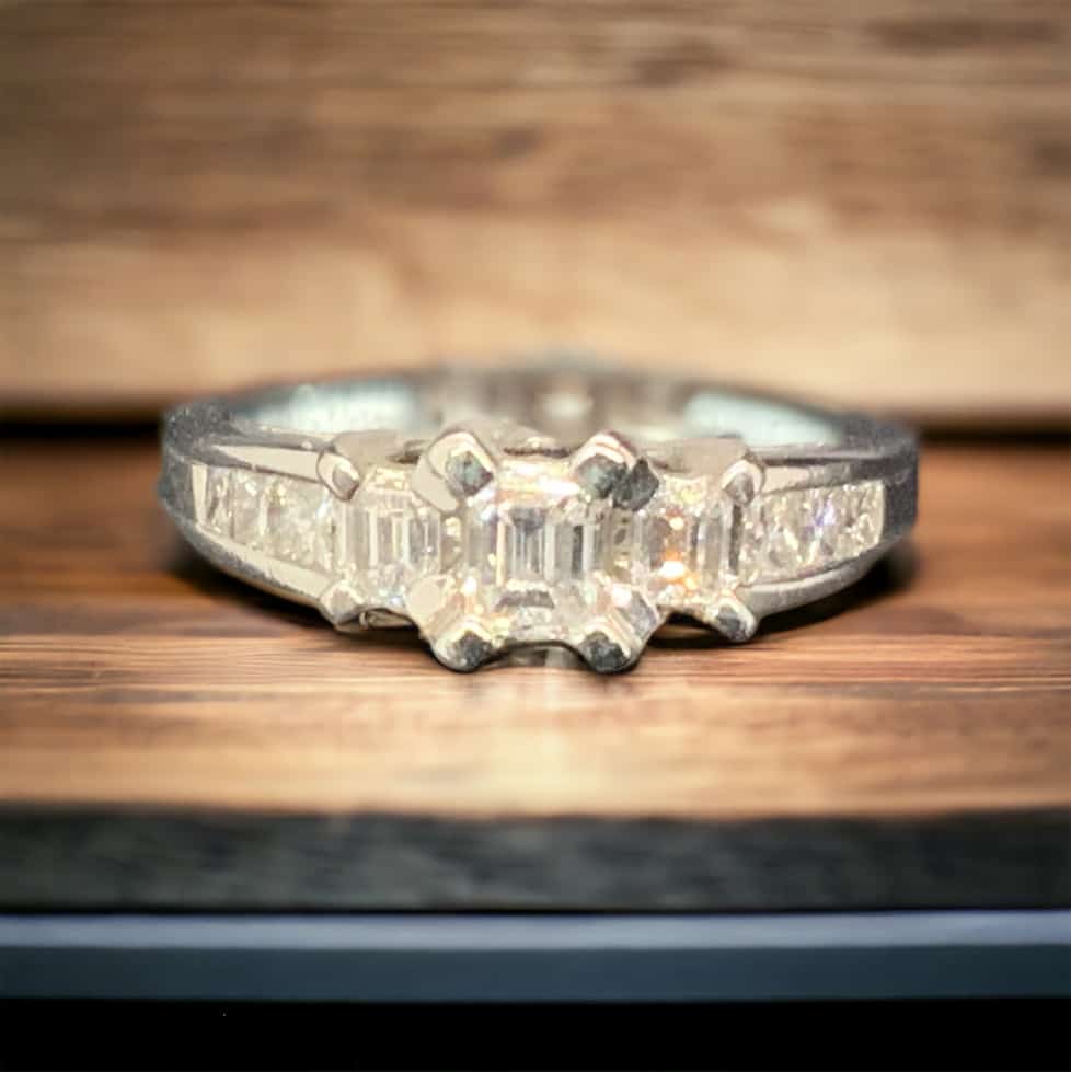 Elegant 14kt White Gold Bridal Ring with Emerald and Princess Cut Diamonds Bridal Platinum Jewelers MS