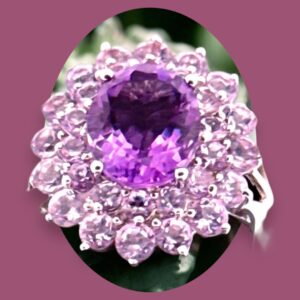 Amethyst with Double Halo of Round Amethyst Accent Sterling Silver Cocktail Ring Amethyst Platinum Jewelers MS