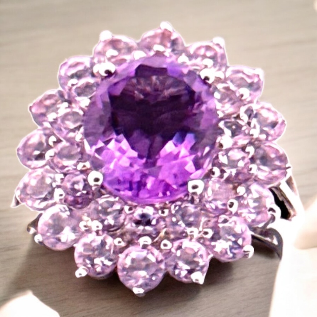 Amethyst with Double Halo of Round Amethyst Accent Sterling Silver Cocktail Ring Amethyst Platinum Jewelers MS