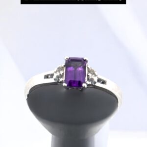 Emerald Cut Amethyst Center Stone with White Topaz Accents Sterling Silver Ring Amethyst Platinum Jewelers MS