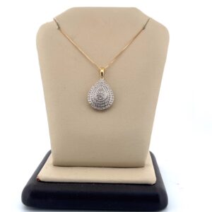 Pear Shaped Diamond Pendant with 18″ 10kt Yellow Gold Box Chain Necklace Diamond Fashion Platinum Jewelers MS