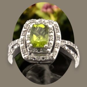 Peridot Center Stone with White Zircon Halo Design in Sterling Silver Peridot Platinum Jewelers MS