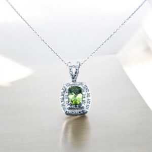 Peridot Center Stone with White Zircon Halo Design in Sterling Silver Peridot Platinum Jewelers MS