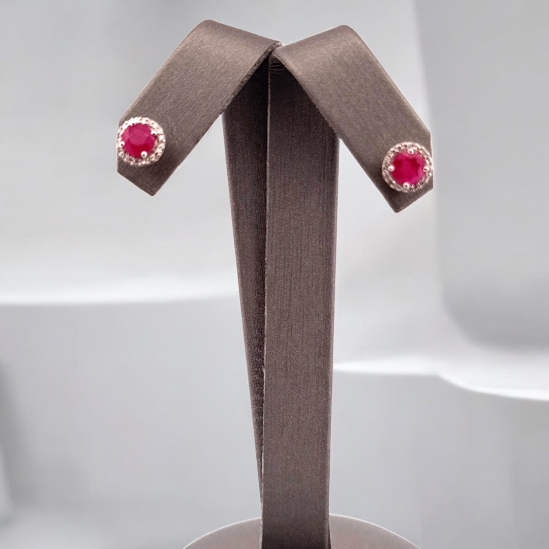 Round Ruby Center with Halo Design Studs Halo Platinum Jewelers MS