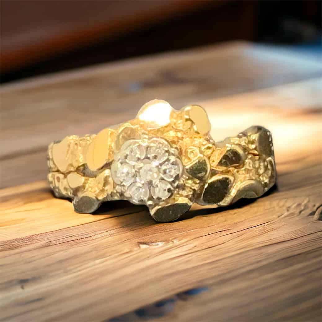 14kt Yellow Gold Nugget Bridal Set with Diamond Cluster Accent Bridal Platinum Jewelers MS 14kt Yellow Gold Nugget Bridal Set with Diamond Cluster Accent