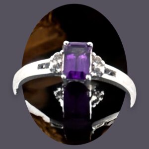 Emerald Cut Amethyst Center Stone with White Topaz Accents Sterling Silver Ring Amethyst Platinum Jewelers MS