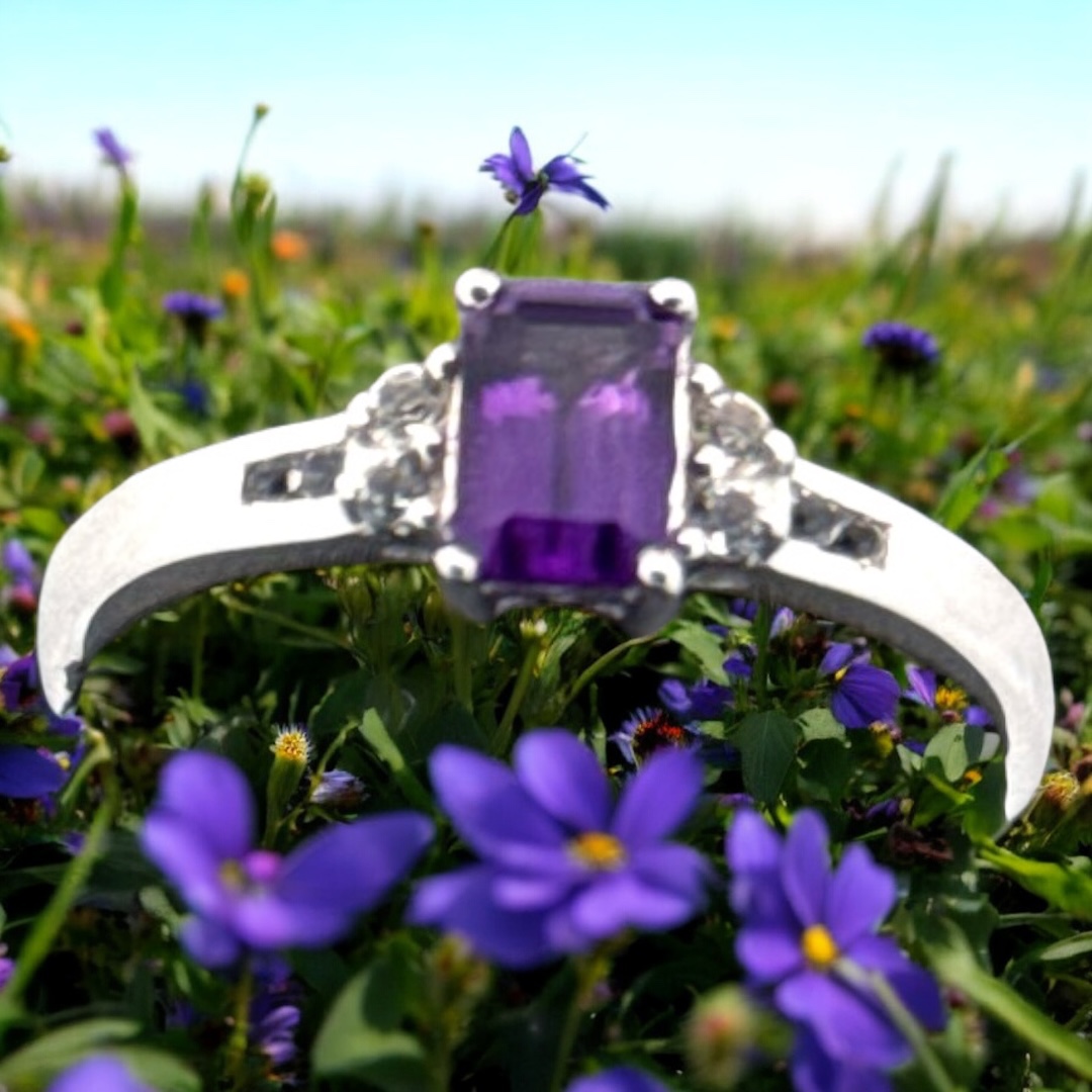 Emerald Cut Amethyst Center Stone with White Topaz Accents Sterling Silver Ring Amethyst Platinum Jewelers MS Emerald Cut Amethyst Center Stone with White Topaz Accents Sterling Silver Ring - Image 2