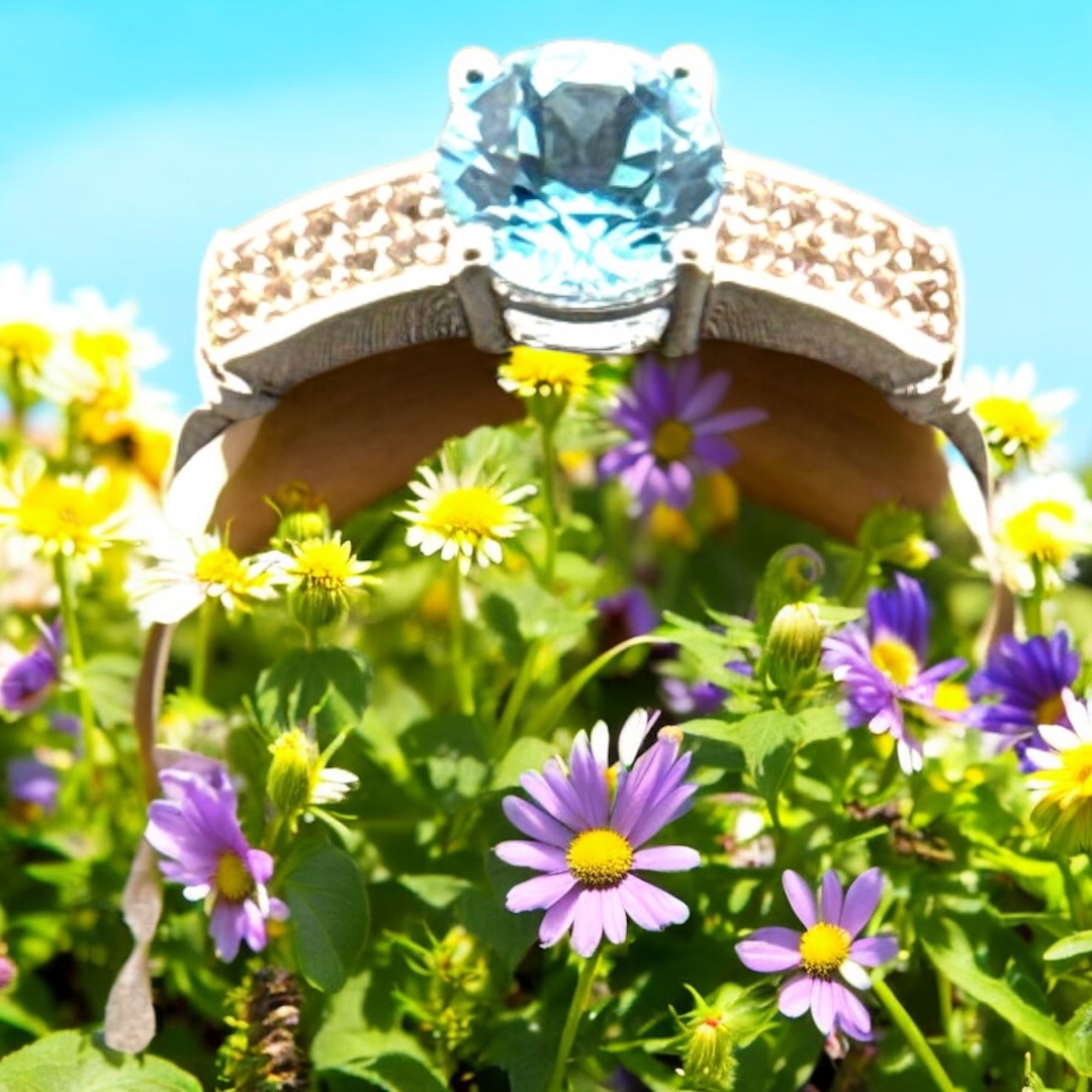 1 Carat Round Swiss Blue Topaz with White Topaz Accent Sterling Silver Ring Blue Topaz Platinum Jewelers MS