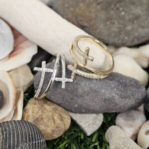 Diamond Embellished Double Cross Ring in 10kt White or Yellow Gold Cross Platinum Jewelers MS