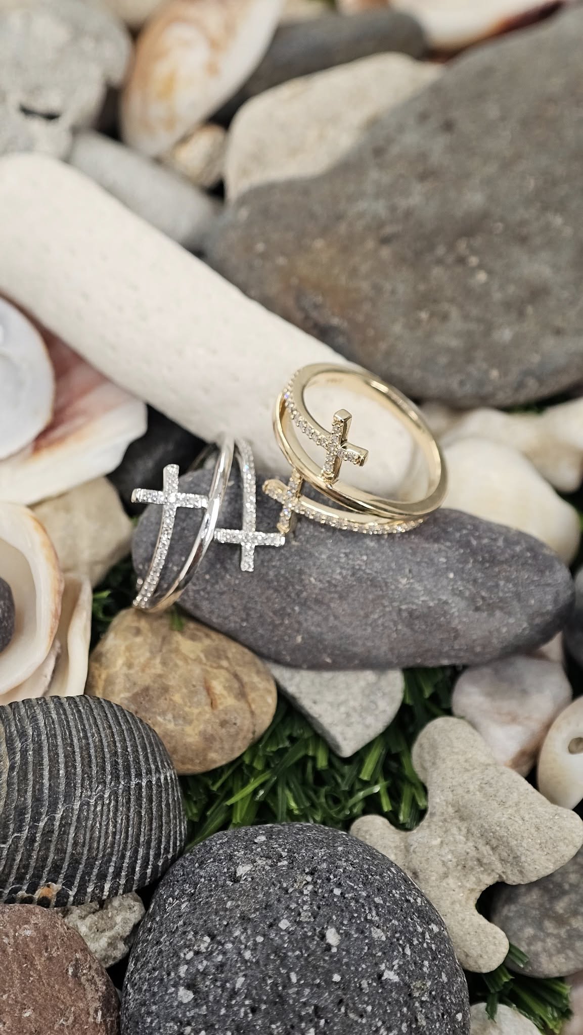 Diamond Embellished Double Cross Ring in 10kt White or Yellow Gold Cross Platinum Jewelers MS