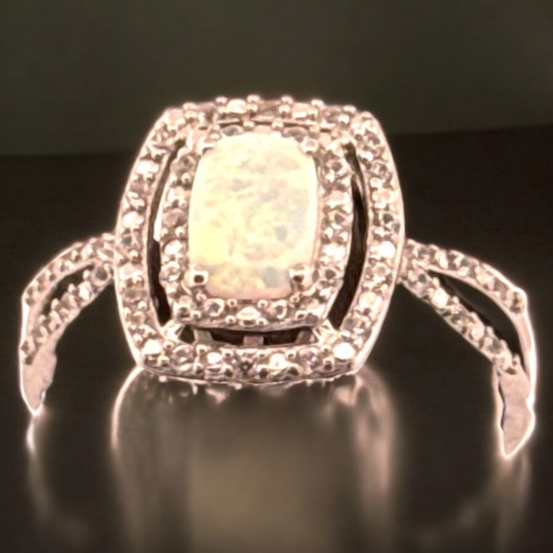 Opal Center Stone with White Zircon Halo Design in Sterling Silver Opal Platinum Jewelers MS Opal Center Stone with White Zircon Halo Design in Sterling Silver - Image 3