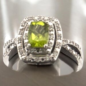 Peridot Center Stone with White Zircon Halo Design in Sterling Silver Peridot Platinum Jewelers MS