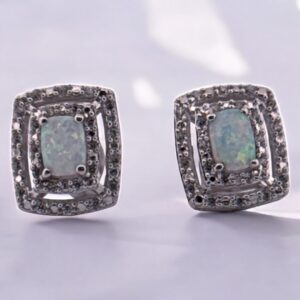 Opal Center Stone with White Zircon Halo Design in Sterling Silver Earrings Platinum Jewelers MS Opal Center Stone with White Zircon Halo Design in Sterling Silver Earrings Platinum Jewelers MS