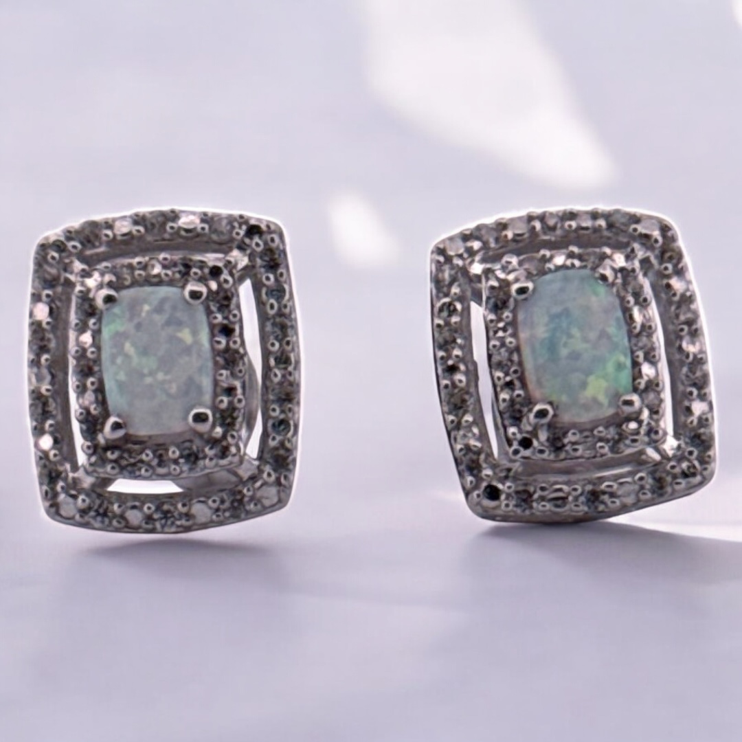 Opal Center Stone with White Zircon Halo Design in Sterling Silver Earrings Platinum Jewelers MS Opal Center Stone with White Zircon Halo Design in Sterling Silver Earrings Platinum Jewelers MS