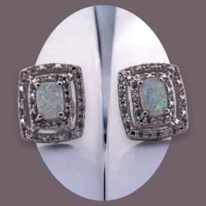 Opal Center Stone with White Zircon Halo Design in Sterling Silver Earrings Platinum Jewelers MS